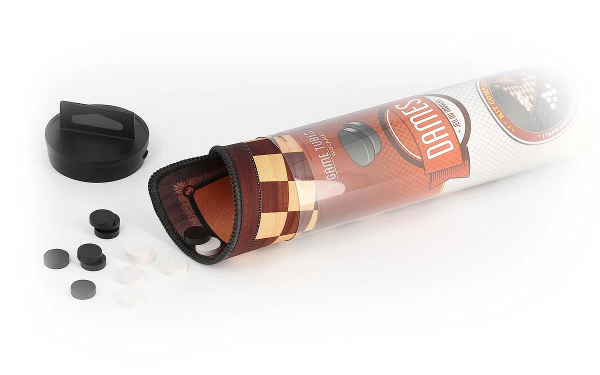 WOGAMAT - Game Tubes Ladies - Kit completo per gioco di signore - Doppio lato in neoprene, scacchiera da donna sul lato anteriore, mulino sul retro + 40 pedine in legno + libretto regole