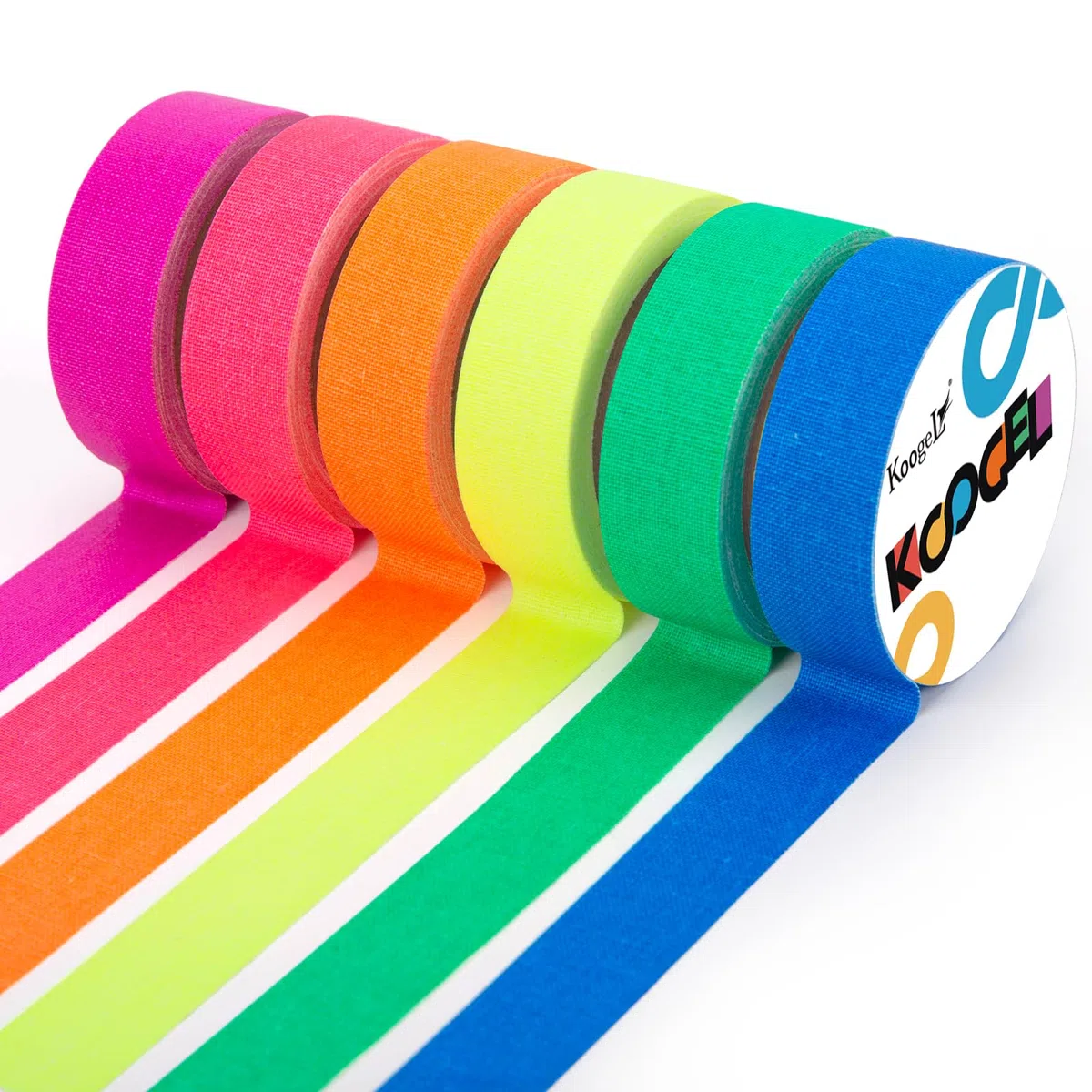Koogel 12 nastri adesivi al neon, 6 colori, fluorescenti UV, luce nera, fluorescente, nastro colorato per decorazioni per feste, Halloween, artigianato (5 m x 15 mm)