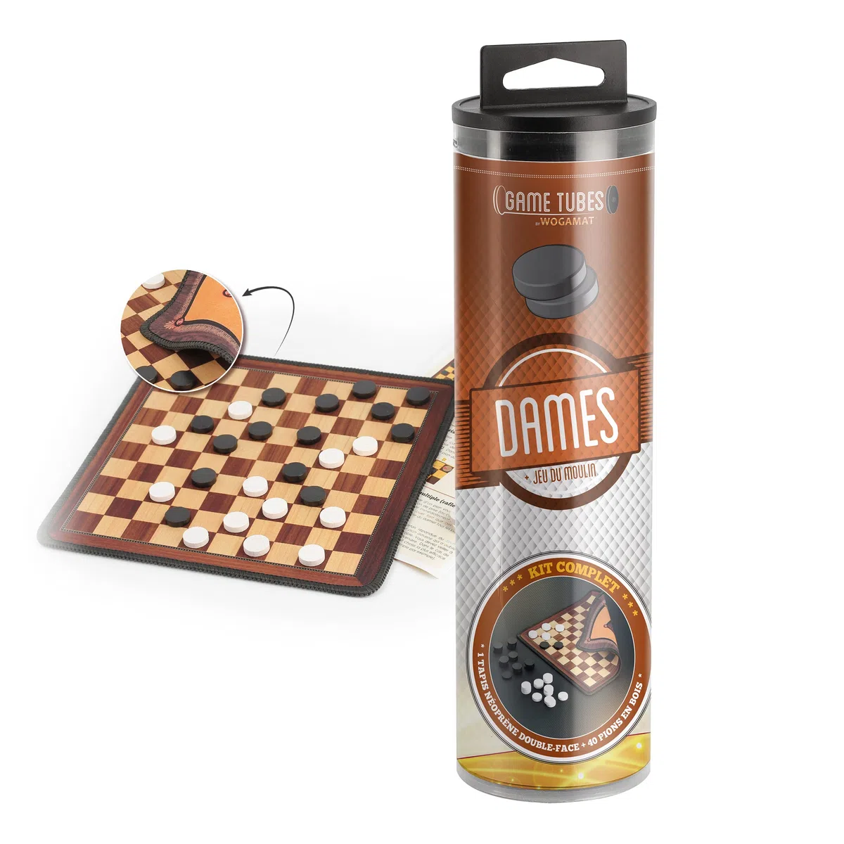 WOGAMAT - Game Tubes Ladies - Kit completo per gioco di signore - Doppio lato in neoprene, scacchiera da donna sul lato anteriore, mulino sul retro + 40 pedine in legno + libretto regole