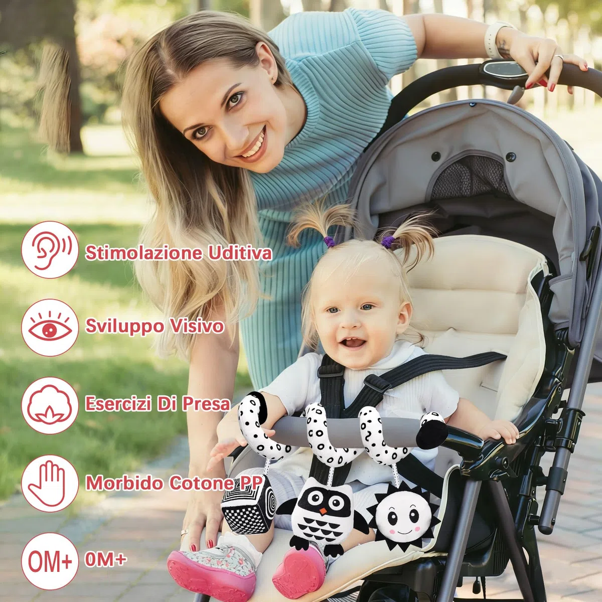 Giocattolo per Passeggino, Giocattolo di Peluche Sospeso a Contrasto Bianco E Nero per Culla/Seggiolino Auto/Marsupio, Giocattolo Baby Activity Spiral con Musica, Adatto a Bambini da 0 a 6 Mesi