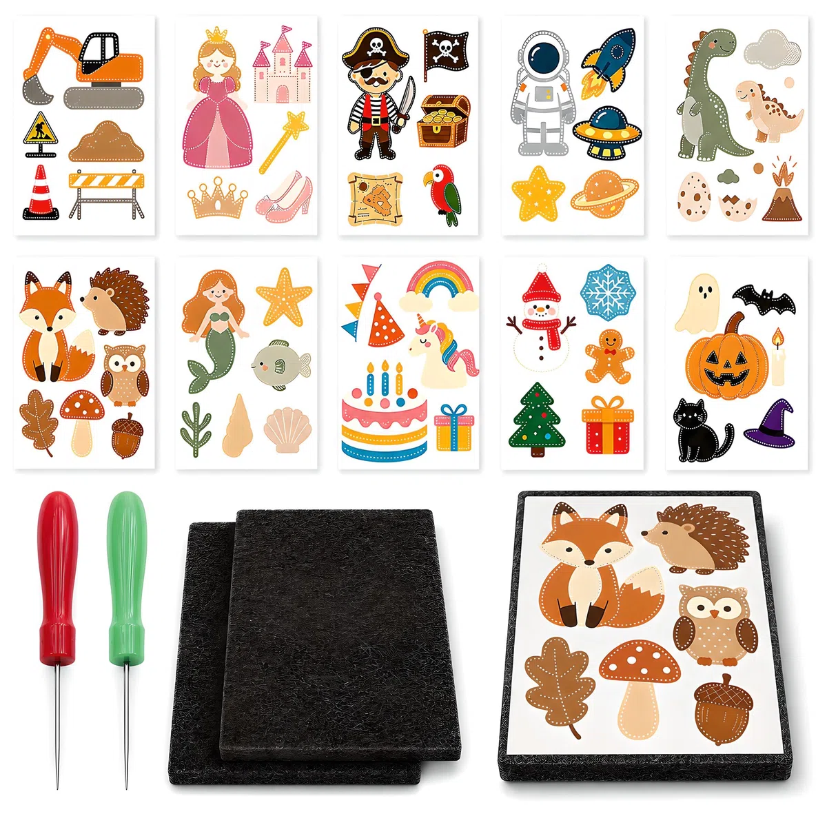 Set Prickelnadel Bambini con 10 Modelli, 2 Aghi Ergonomici con Manico in Legno + 2 Feltro, Kit Creativo Sicuro per Bambini (20x15x0,8cm)