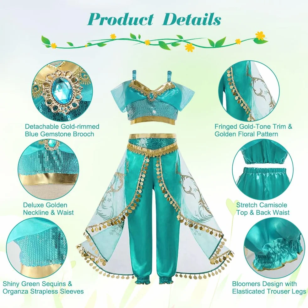 ACWOO Costume Vestito Jasmine Principessa per Ragazza Bambini, Jasmine Costume Ragazze Principessa con Parrucca, Jasmine Principessa Abiti Ragazze per Festa Danza Compleanno Halloween Cosplay
