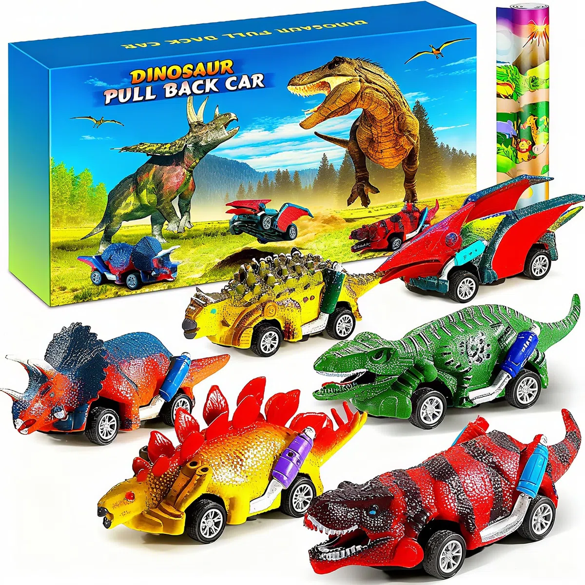 Dinosauri Macchinine Giocattolo per Bambini - 6 Pezzi Dinosauro Giocattolo Tirare Indietro Auto con Tappetino attività - Regalo per Bambini 2 3 4 5 6 Anni Ragazzo e Ragazza - Pasqua Regalo