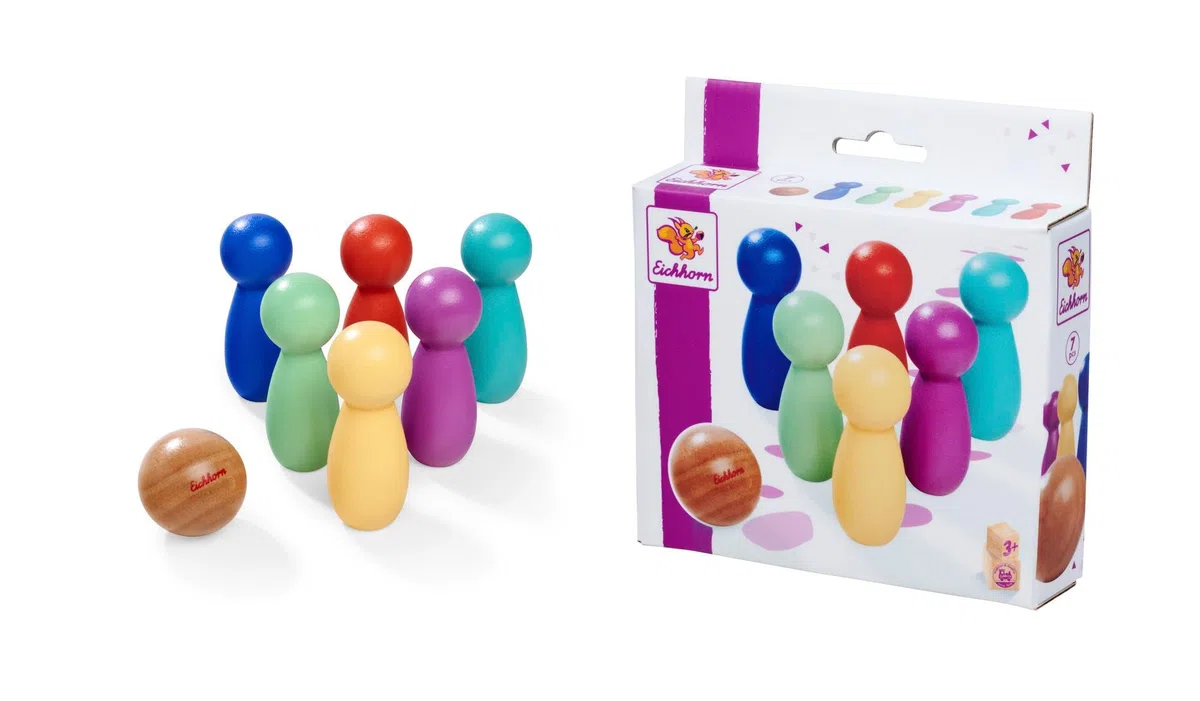 Eichhorn – Games – Gioco di Bowling con 6 Pin e Una Sfera di Legno, Tavolo colorato Bowling, 7 Pezzi, in Legno di Betulla, dai 3 Anni in su