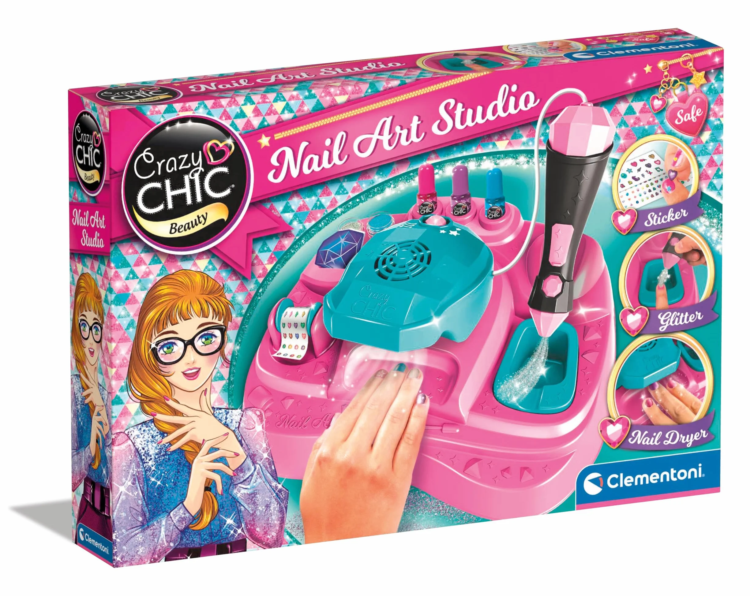 Clementoni Crazy Chic - Nail Art Studio, Set Completo per Manicure e Nail Art per Bambine di 6+ Anni, Kit Decorazione Unghie con Macchina Spara Glitter e Asciuga Smalto, Gioco Creativo, 18730