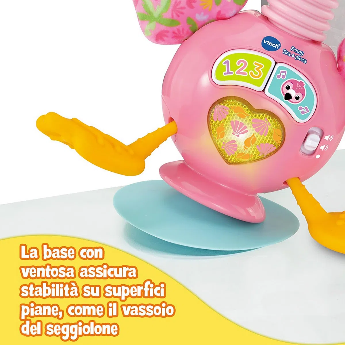 VTech Fenny, Tira e Gioca, Fenicottero Interattivo Sensoriale con Luci e Suoni per Bambini, Gioco Neonato Sensoriale con Base con Ventosa per Stabilità, Lingua Italiana, Batterie Incluse, 3-24 Mesi