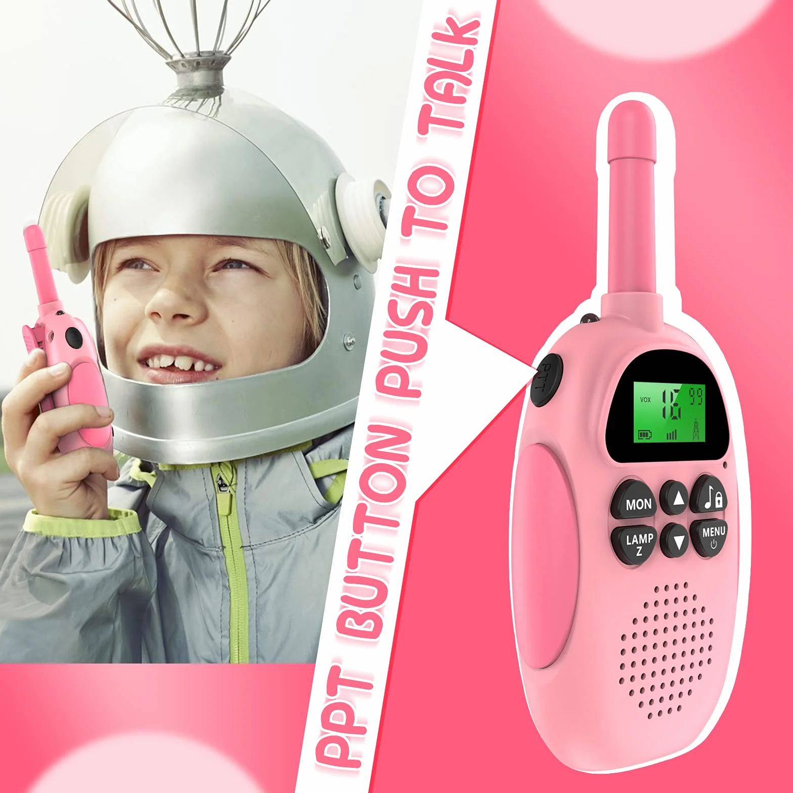 Ushining Walkie Talkie Bambini, 16 Canali Radio Giocattolo a 2 Vie con Torcia LCD Retroilluminata VOX Walkie Talkie Ricaricabile a Lungo Raggio, Regalo per Ragazze e Ragazzi di 3-12 Ann (Blu e Rosa)