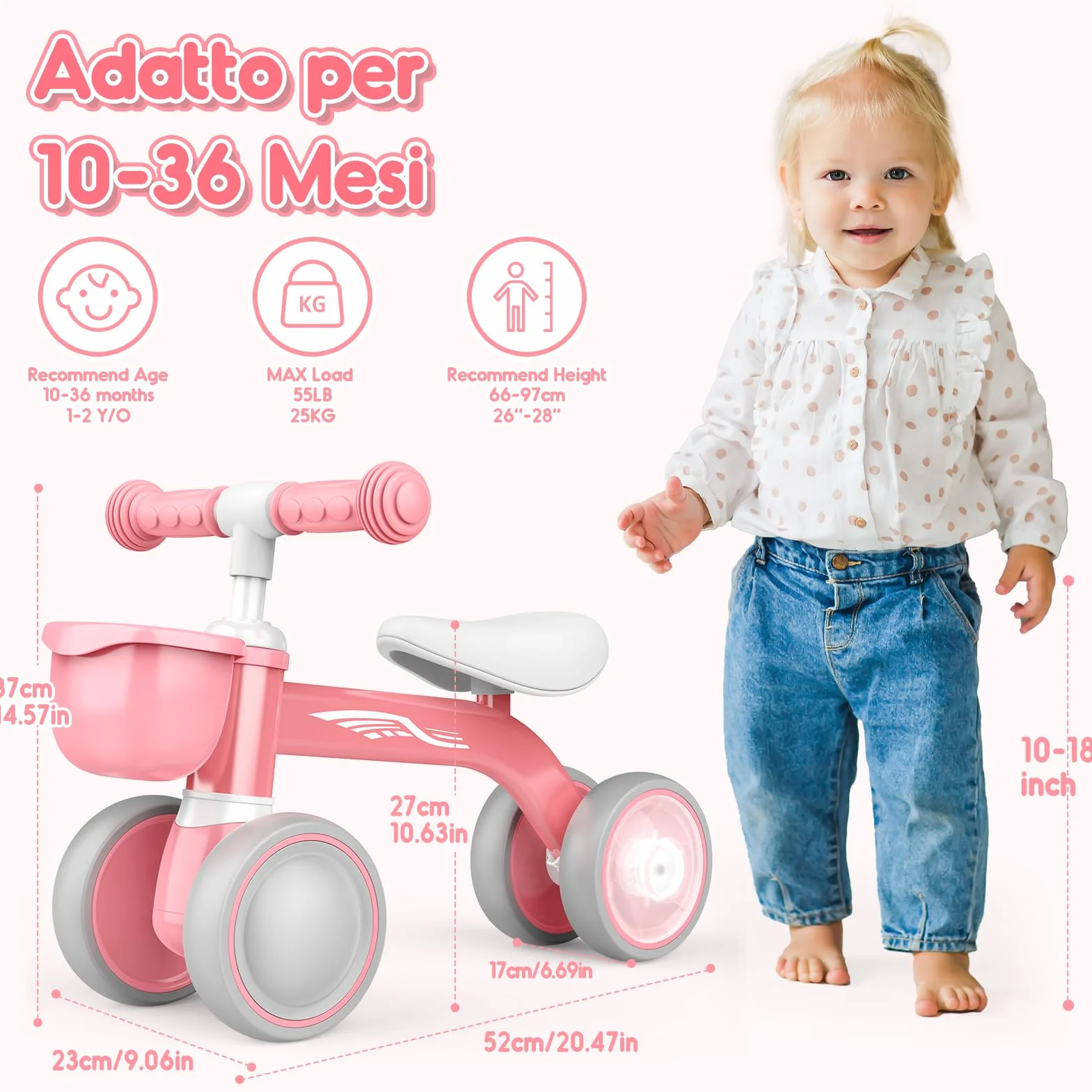 HappyGoLucky Bicicletta Bambini 12-24 Mesi con Cestino, Ruote Colorate, Ultra Leggero, Bicicletta Senza Pedali Giochi Bambina 1 2 Anni, Balance Bike Regalo Bambino 1 Anno, Primo Regalo di Compleanno