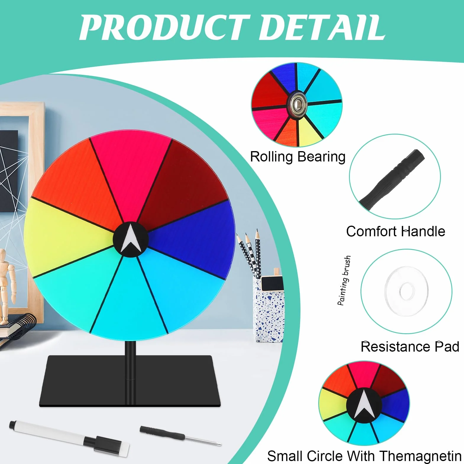 Ruota di Fortuna Girare, Colorata Rotella di Fortuna, Ruota Girevole Cancellabile a Secco, 8 Slots Color Roulette Prize Wheel, Ruota della Roulette da Tavolo per Compleanno Lotteria Festa Festa