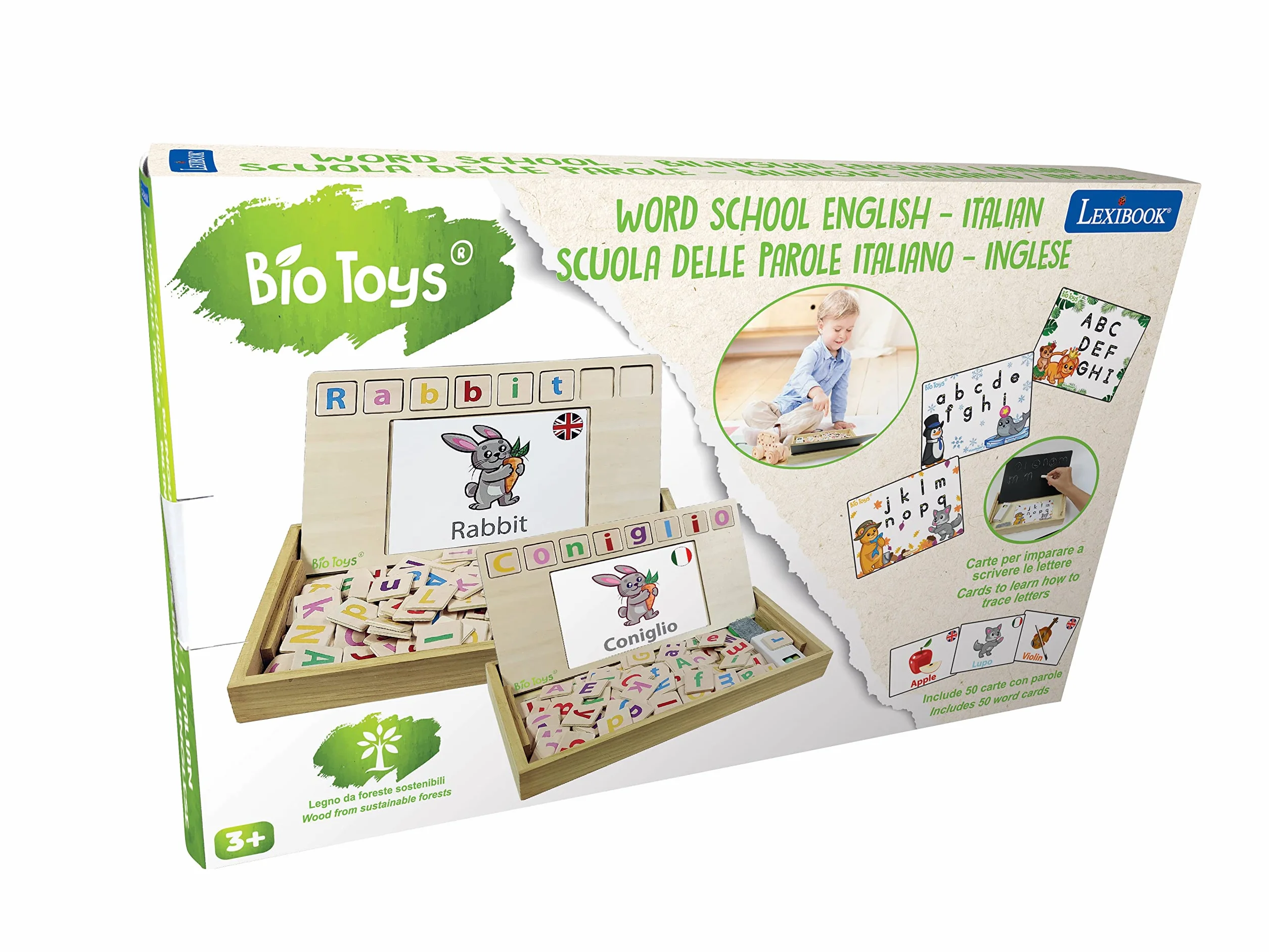 Lexibook, Bio Toys, Scuola di parole, bilingue italiano/inglese, gioco in legno, 50 carte parola, alfabeto, gioco educativo, EDU100i5