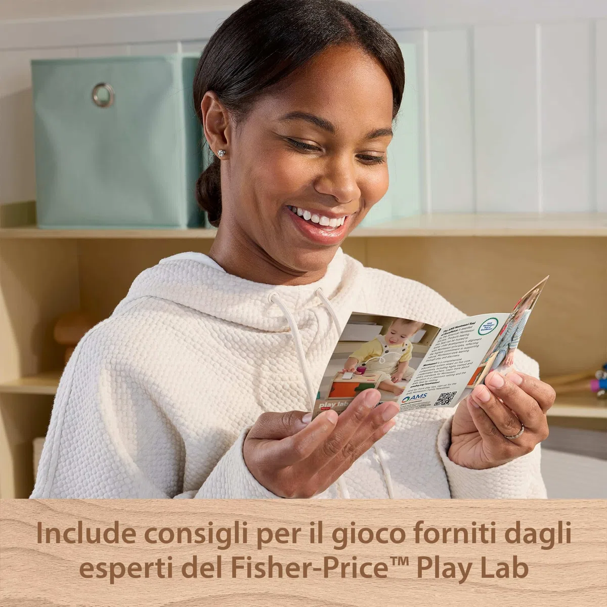 Fisher-Price - Scatola Cercaforme Montessoriana, Set in Legno per attività di coordinazione Occhio-Mano e apprendimento con 4 Forme Diverse Incluse, 12+ Mesi, JHC06
