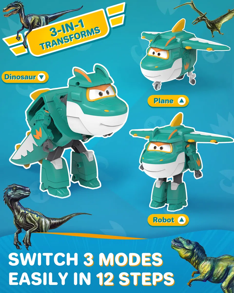 Super Wings Giocattolo Trasformabile Tino Dinosauro 5 pollici - Trasformazione Semplice, Regalo Bambini 3+ Anni, Verde