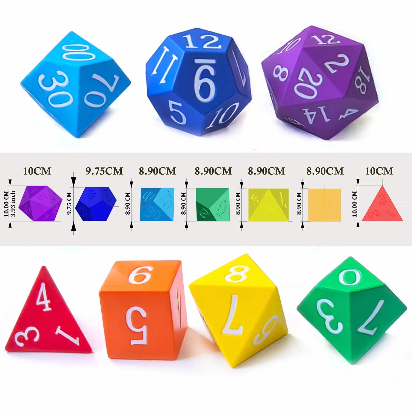 Set di 7 dadi poliedrici in schiuma Jumbo da 10 cm, grandi colori arcobaleno per giochi e risorse didattiche