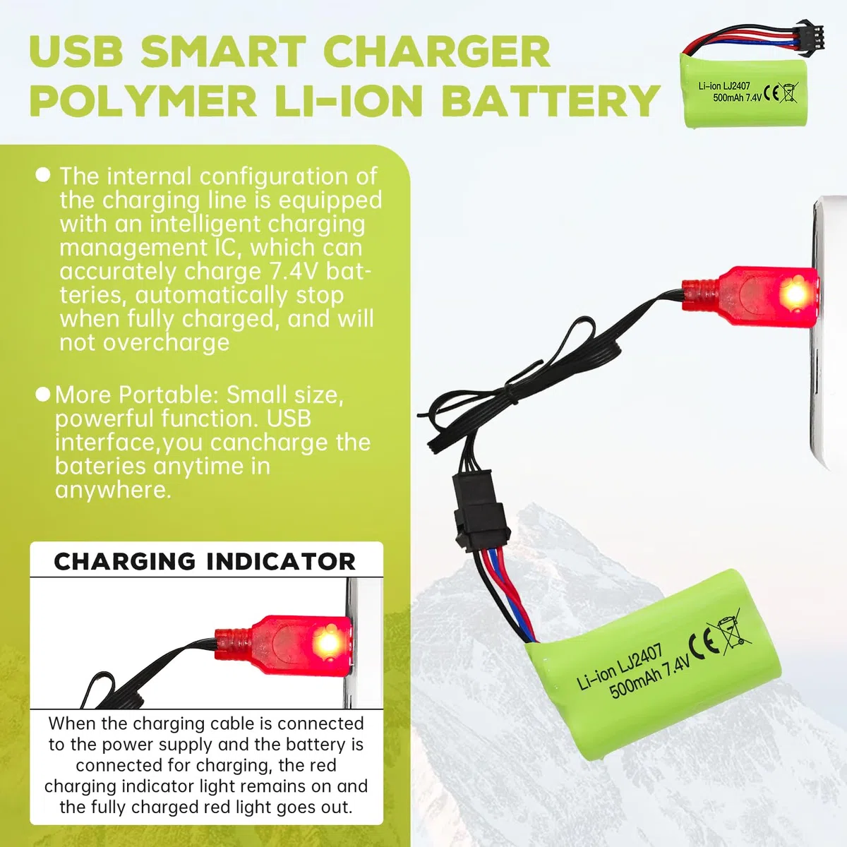7.4V 500mAh SM-4P Plug Batteria Ricaricabile con Cavo di Ricarica USB per EC16 DE85 RC Toy Car Modello Buggy Batteria M416 Gel Blaster Elettrico Batteria di Ricambio