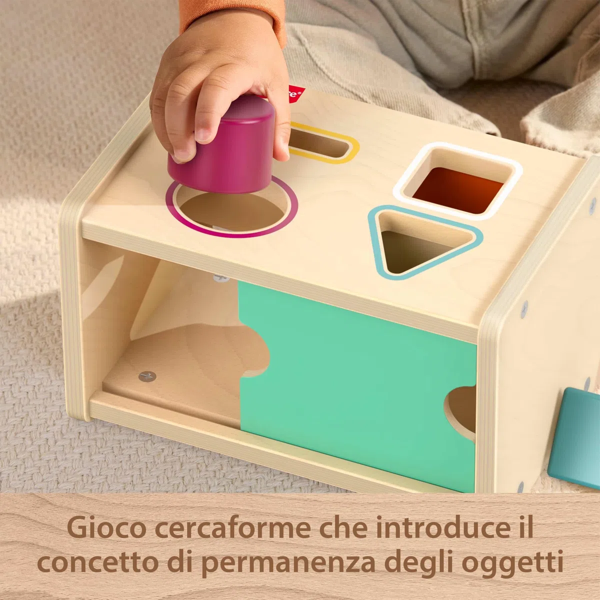 Fisher-Price - Scatola Cercaforme Montessoriana, Set in Legno per attività di coordinazione Occhio-Mano e apprendimento con 4 Forme Diverse Incluse, 12+ Mesi, JHC06