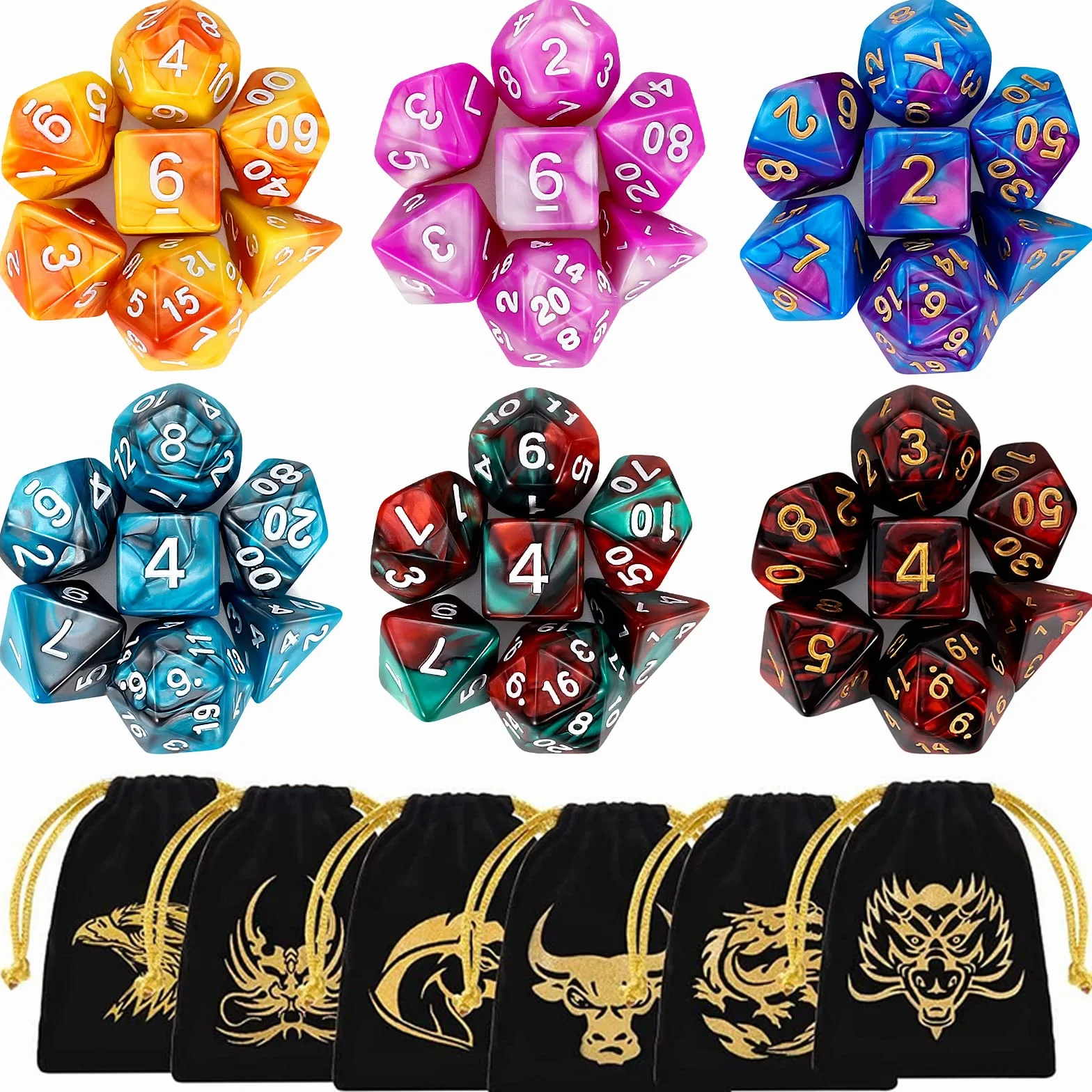 QMAY Dadi da gioco, 42 Pezzi Dadi Poliedrici da Gioco Doppio-Colore per RPG Dungeons e Dragons Pathfinder, 6 Set di DND MTG RPG d20, d12, 2 d10 (00-90 e 0-9), d8, d6 e d4