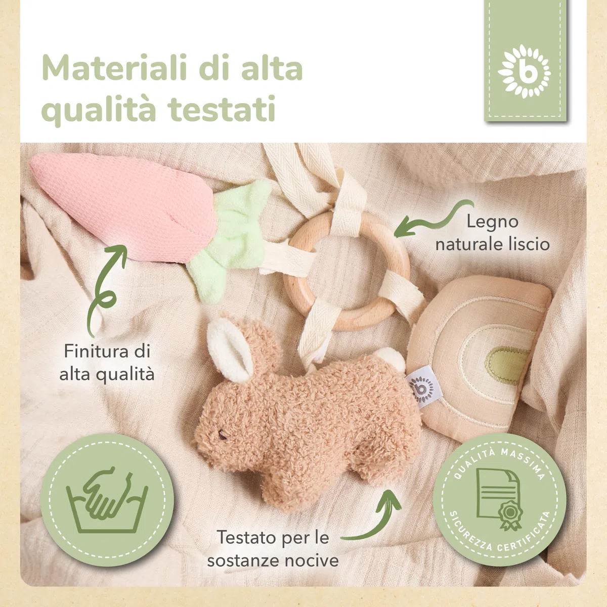 Bieco Activity giocattolo coniglietto fine | anello di presa in legno con sonaglio in peluche, elemento cigolio e pellicola scoppiettante | giocattolo per bambini a partire da 0 mesi