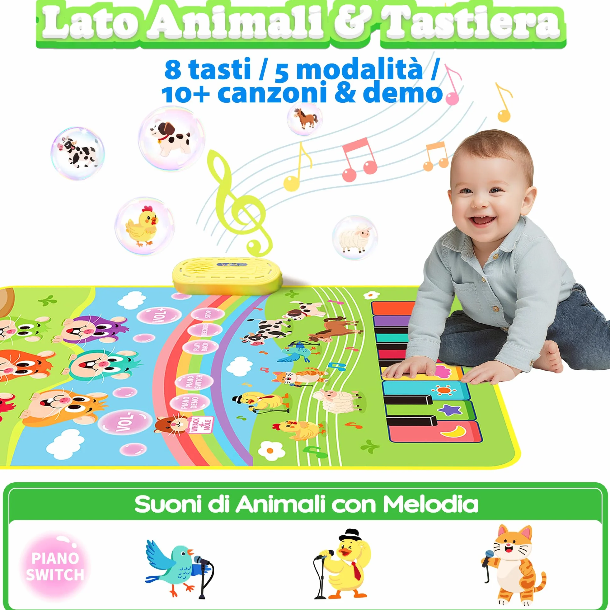 MOMUSE Tappeto Musicale con Gioco Colpisci la Talpa, Tappeto Pianoforte 3 in 1 per Bambini 1 2 3 Anni, Giocattoli Sensoriali Montessori per l'Apprendimento Precoce, Regali di Compleanno per 3 4 5 Anni