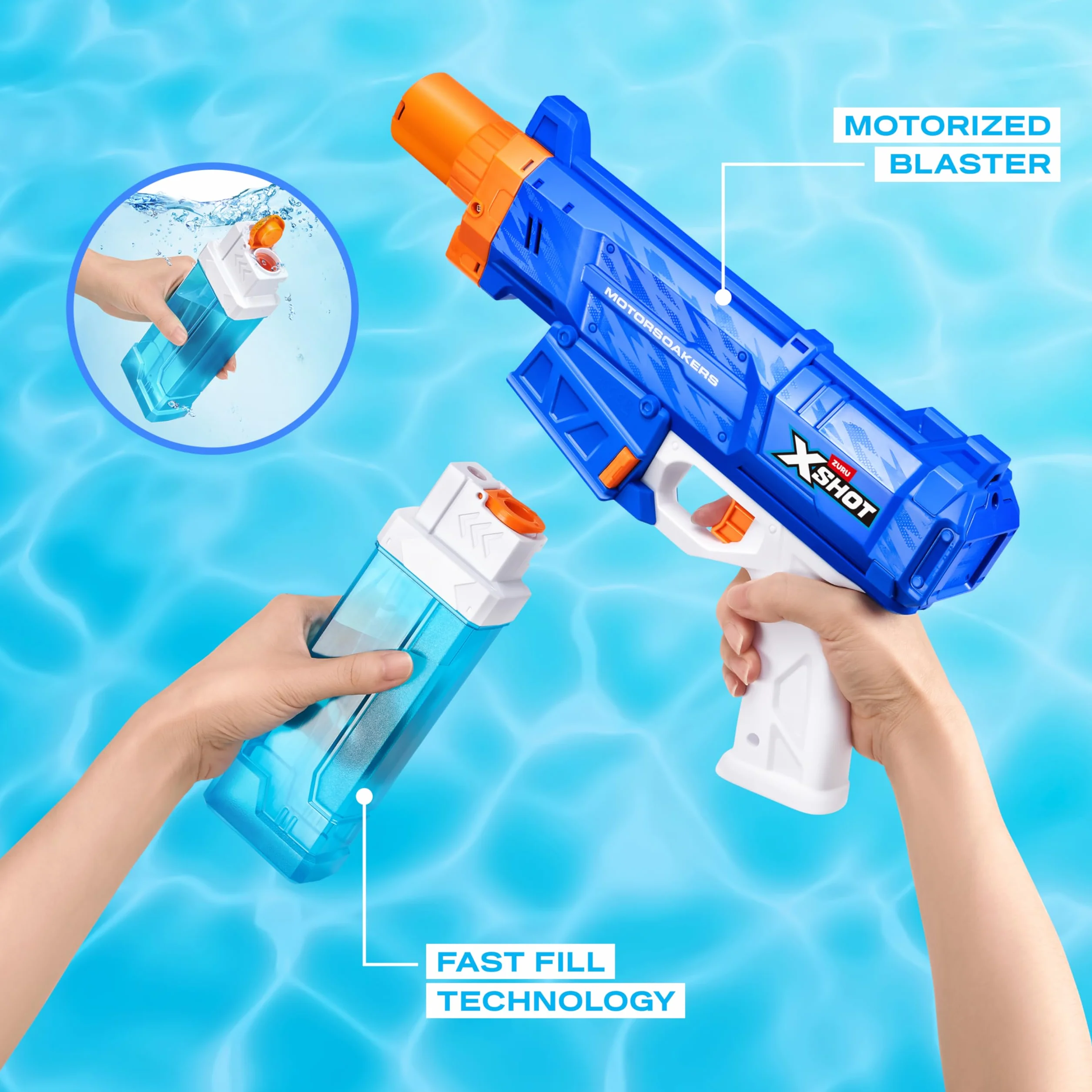 XSHOT Water Turbo Stream Motor Soaker by ZURU: Blaster d'acqua motorizzato, riempimento rapido, canna LED, getto 9m. Giocattolo estivo per bambini 5+ divertimento all'aperto.