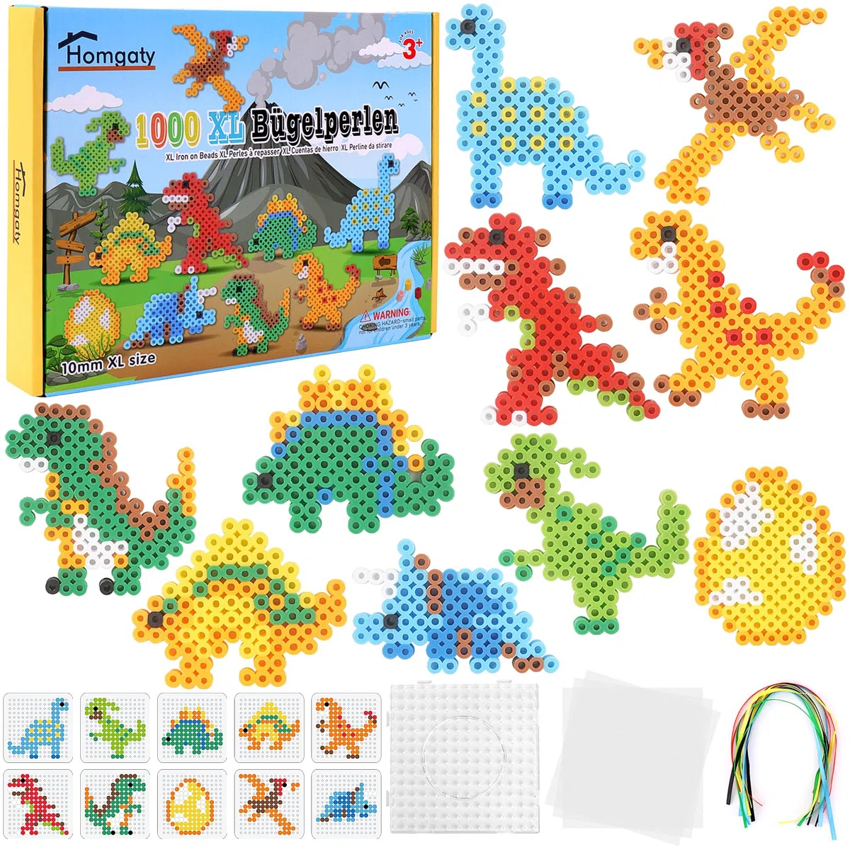 Homgaty Perline da Stirare 10 mm, Oltre 1000PZ con Piastre e Accessori, Grandi Perle per Bambini, Set Creativo Fai da te con Tanti Modelli, Ideale dai 3 Anni in Su (Dinosauri)