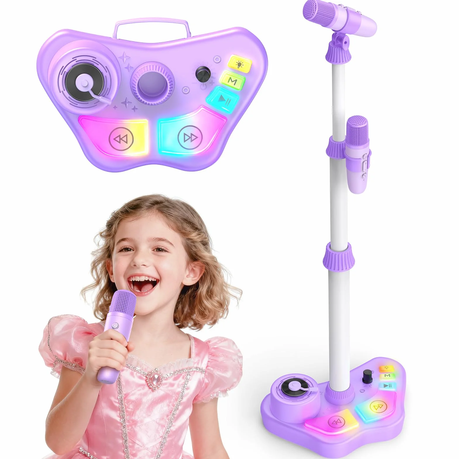 Microfono Karaoke per Bambini con Supporto, 2 Microfoni Wireless, Luci Colorate, Bluetooth, USB, AUX, TF Card, Altezza Regolabile 47-108 cm