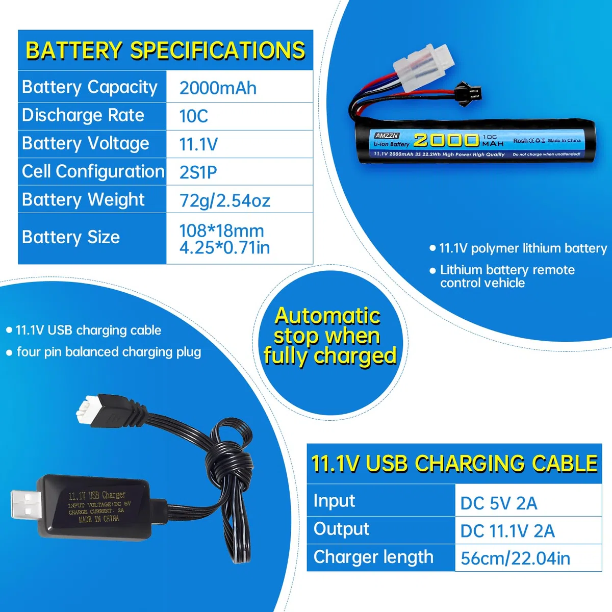 11.1V 10C 2000mAh batteria agli ioni di litio con SM-2P, T, cavo di conversione della spina Odamiya e Caricatore USB è adatto per il blaster di gocce d'acqua del gel della pistola ad aria