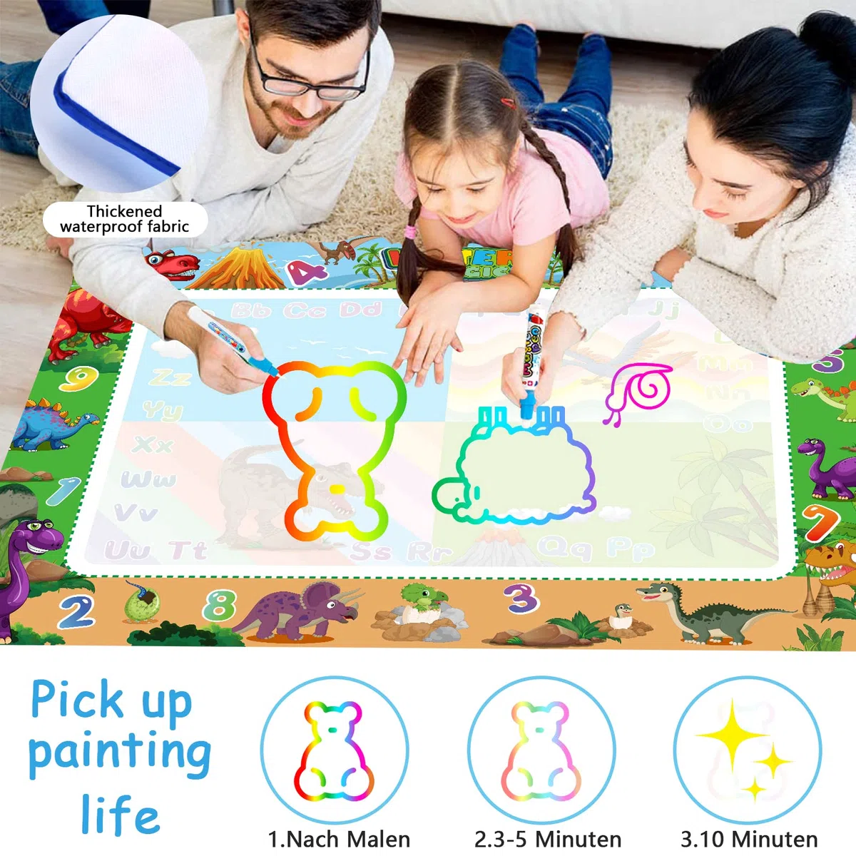 Purpledi Tappeto Magico Bambini, Tappetino Disegno 120 * 90cm，7 colori con 3 Penne e Colorato Libretto, Regalo Compleanno Natale