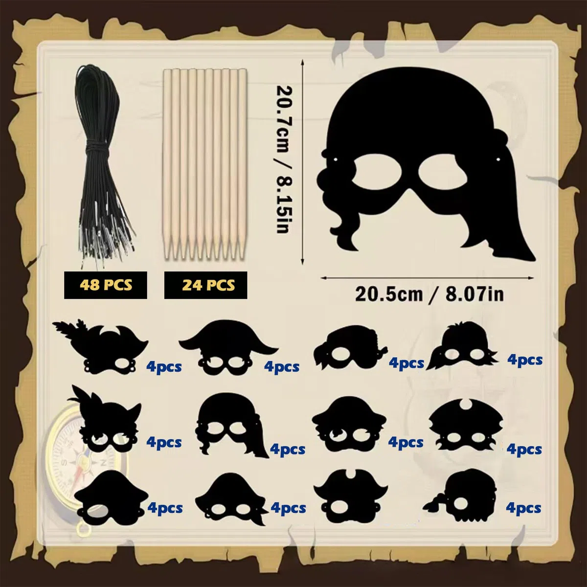 Qpout 48 maschere da graffio a tema pirata arcobaleno, per compleanni, Halloween, feste in maschera