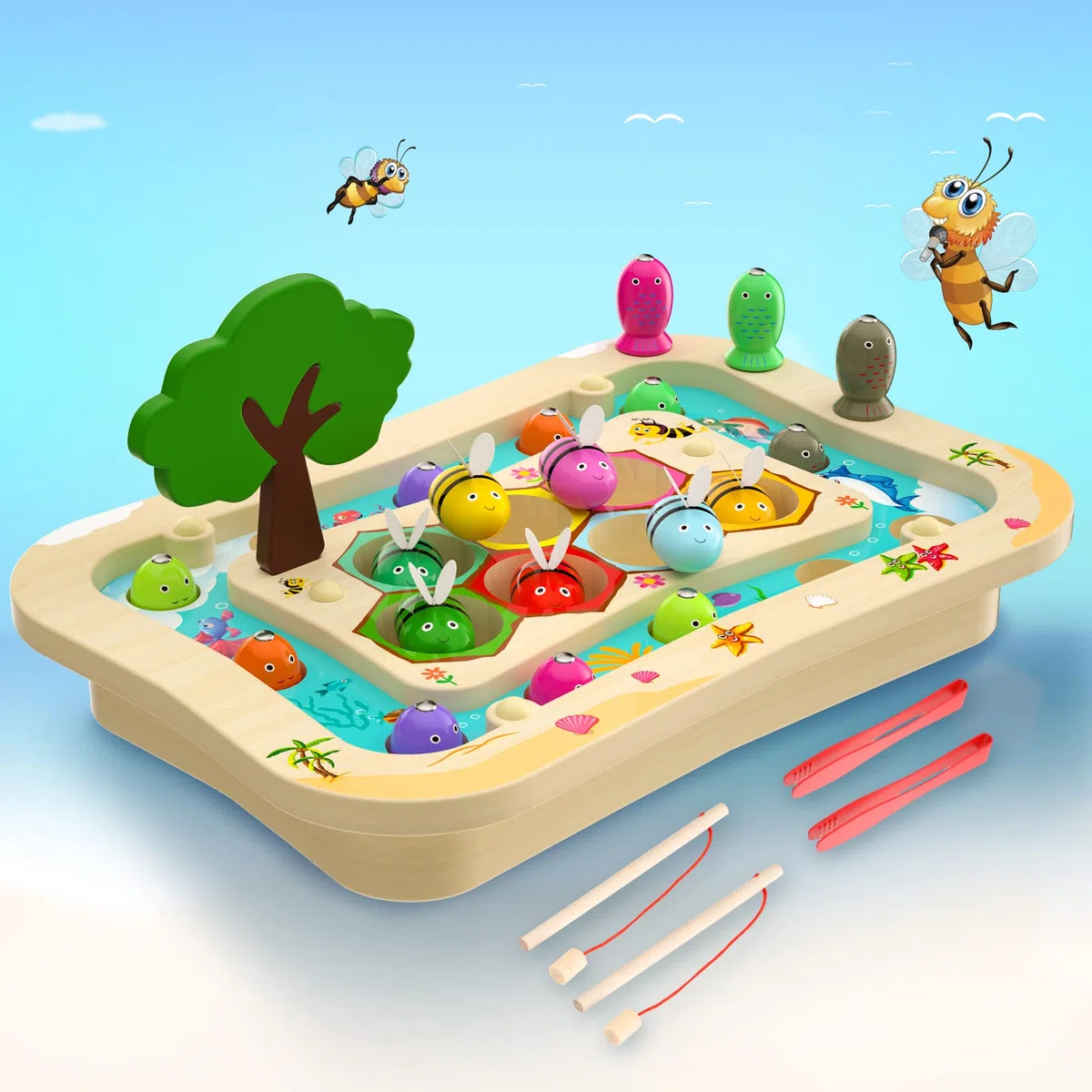 Uping Giochi Montessori Bambini di Pesca Magnetico in Legno, 2 in 1 Puzzle Educativo con 2 Canne da Pesca e Pinzetta per 3-5 Anni