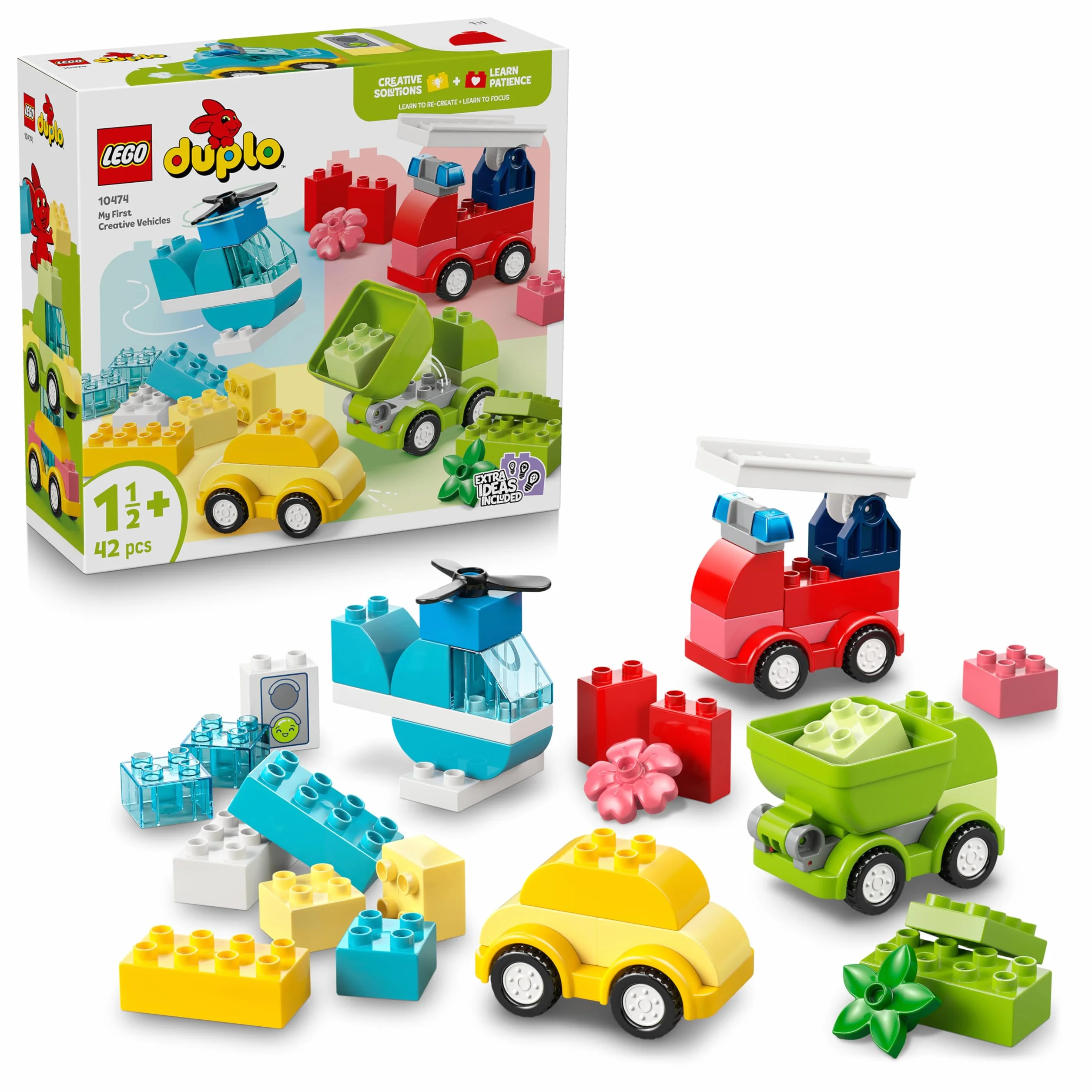LEGO DUPLO Veicoli Creativi - Gioco Didattico e di Ordinamento con Macchine, Camion e Elicottero Giocattolo - Set per la Motricità Fine - Regalo per Bambini e Bambine da 1 Anno in su - 10474