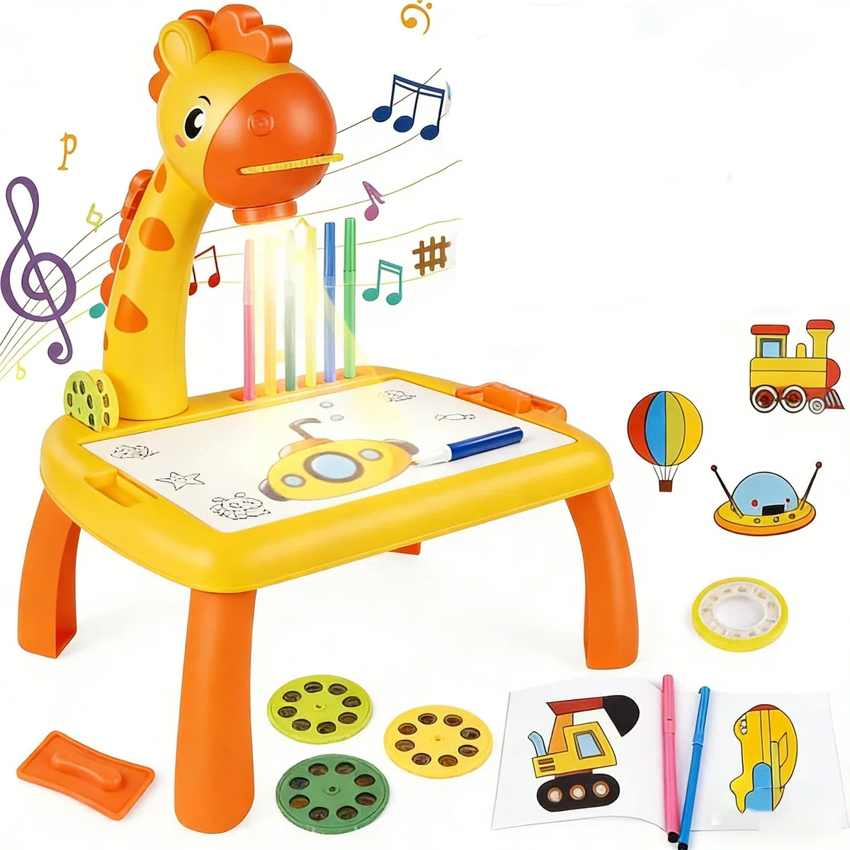 ZVD Tavolo da Disegno per Bambini con Proiettore, Proiettore Interattivo per Disegno, Disegnare con la Luce, Set di Giochi di Disegno per Tavolo da Disegno Giocattolo con 24 Motivi per Regali (Giallo)