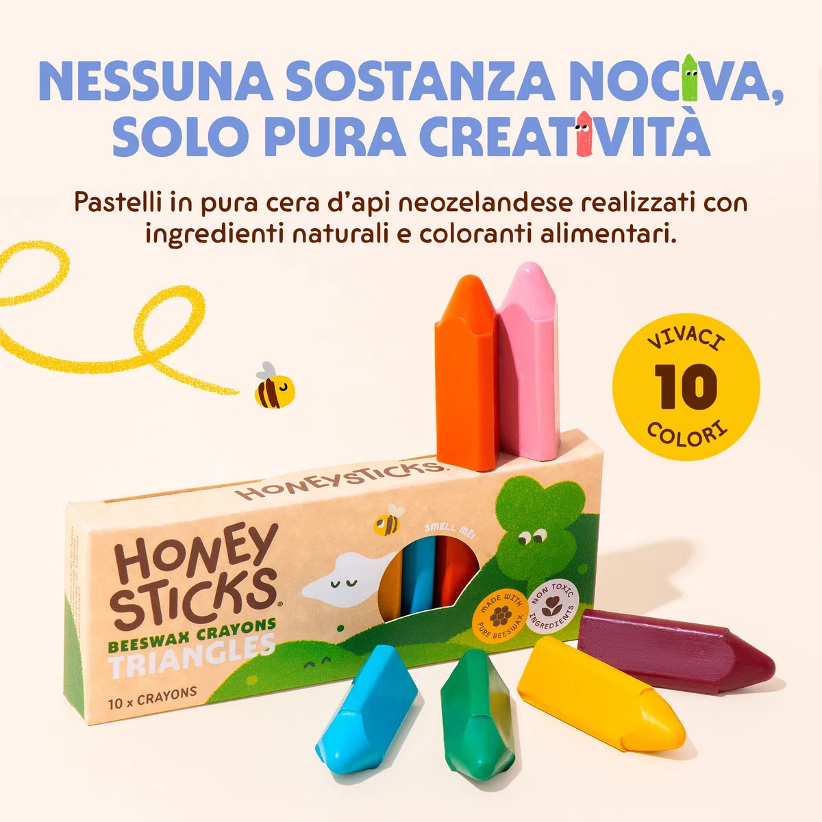 Honeysticks Pastelli a Cera d'Api - Pastelli Triangolari per Bambini Presa Facile - Per Mobilità Mani di Bebè e Bambini - Pastelli Atossici Realizzati a Mano in Nuova Zelanda - Set da 10