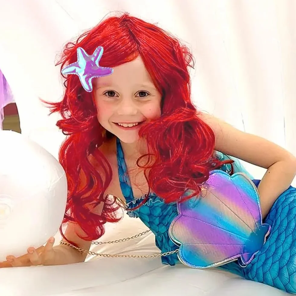 Parrucca per bambini a forma di sirena, parrucca Arielle, accessorio per costume per bambini, rossa, per carnevale, feste a tema, cosplay