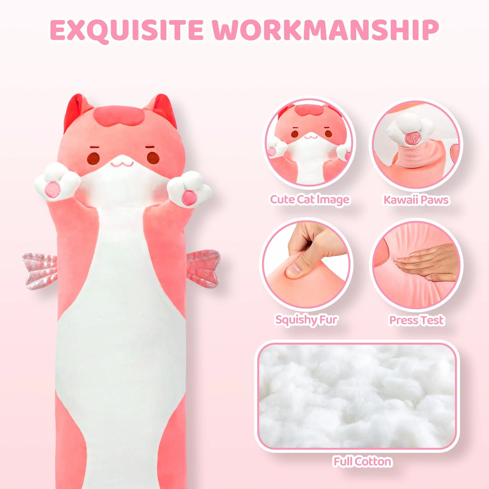 Mewaii Peluche Cuscino Kawaii Lungo Gatto Rosa 50CM per Bambina Cuscino di Peluche Animali Giocattoli Abbraccio Morbido Cuscino Giocattolo Regalo per Ragazza 3 anni in su