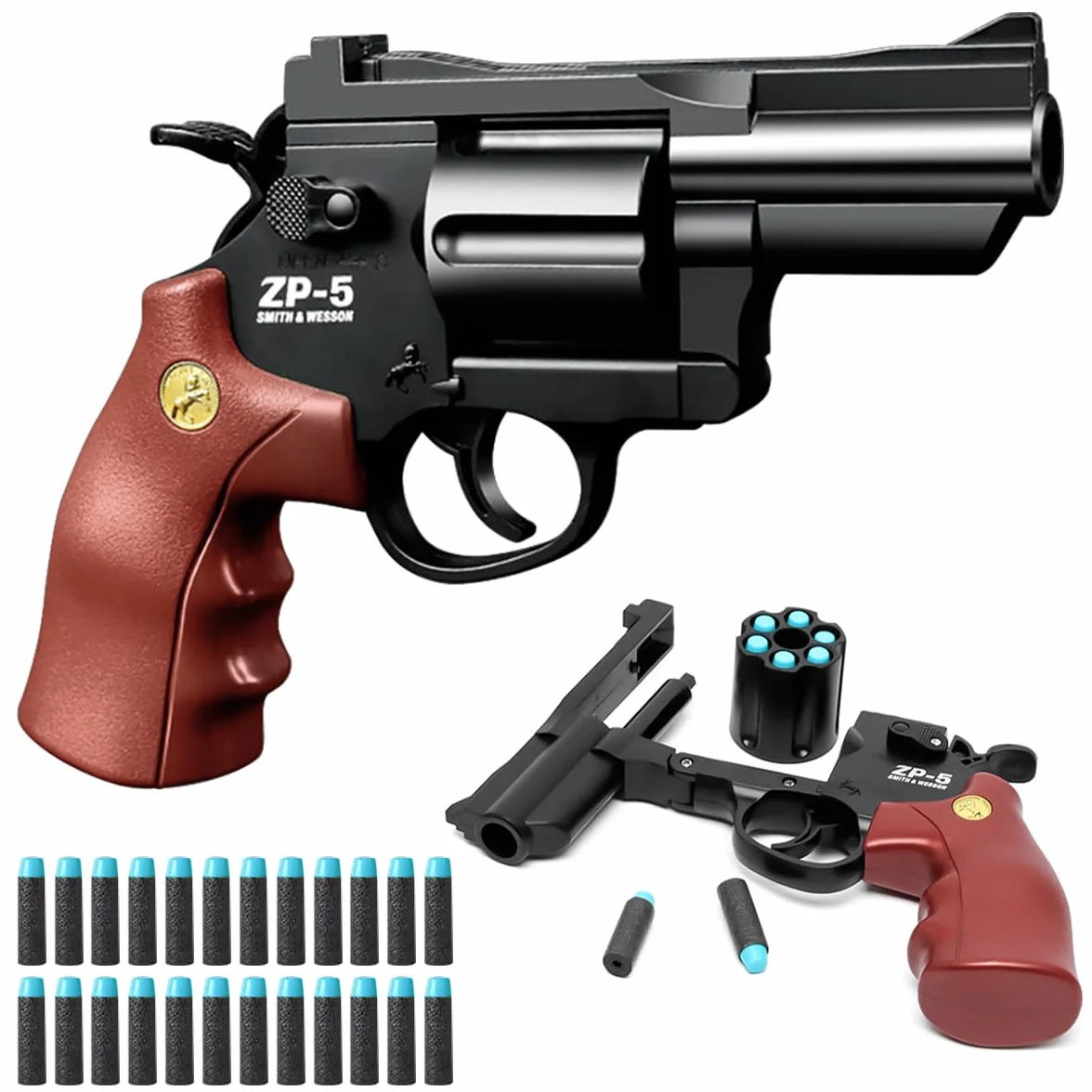 Revolver Giocattolo,Revolver per Bambini,Pistola Giocattolo,Con 24 Proiettili EVA,per Bambini 7 anni + il gioco all'interno e all'aperto,Regali per bambini (Marrone)