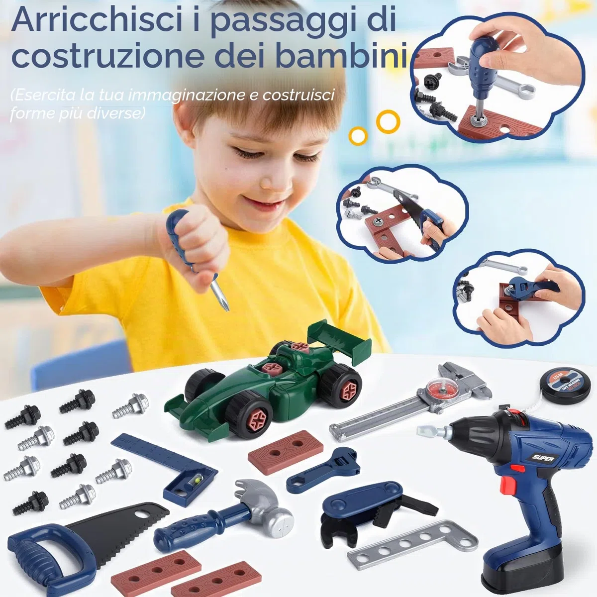 Cassetta Attrezzi Bambini, Costruzioni Giochi Con Martello Cacciavite, Giocattolo Con Trapano Elettrico, per Bambini dai 6 Anni in Su (73 Pezzi)