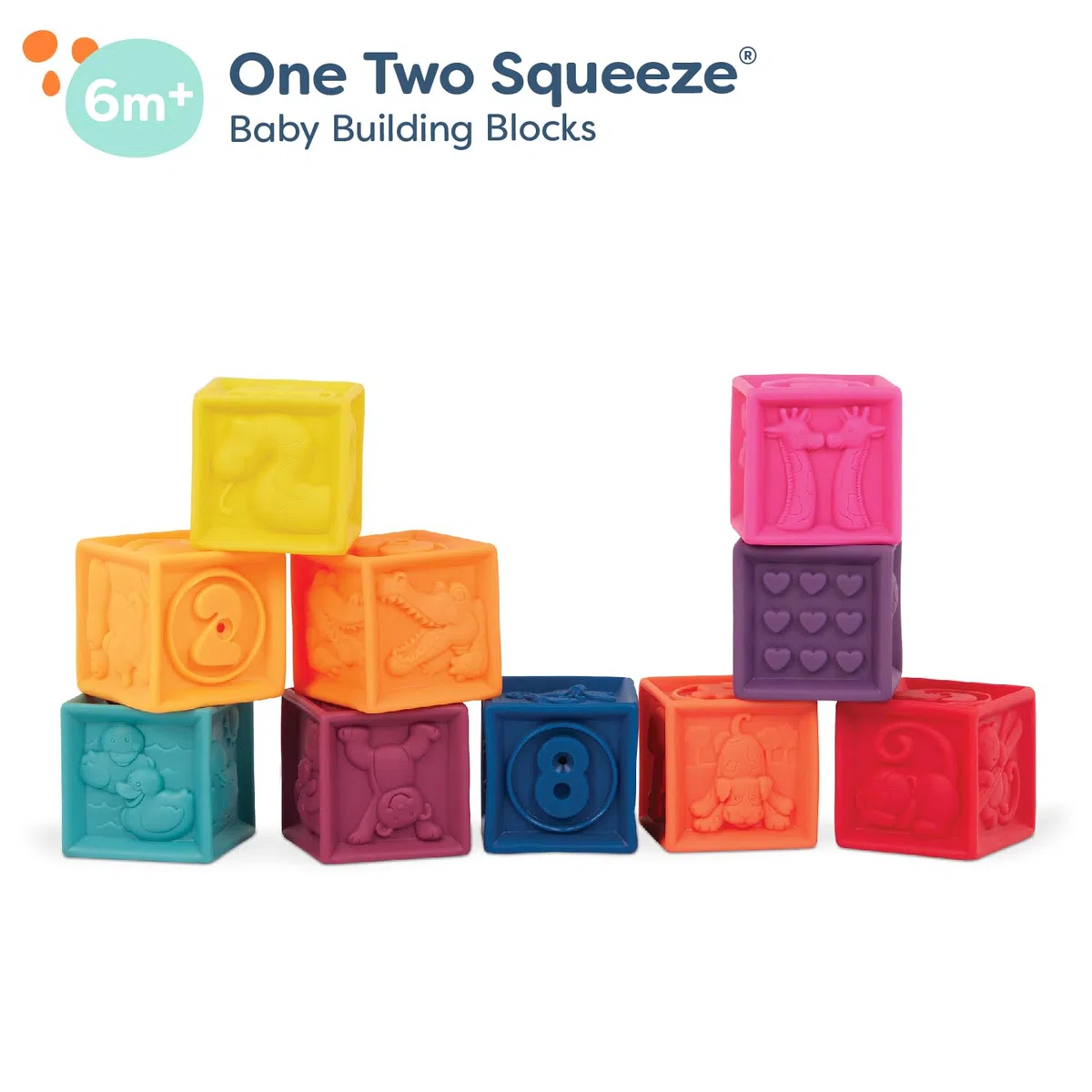 B. toys - Uno due spremute - Blocchi per bambini - Giocattolo da impilare e costruire per bambini - 10 blocchi morbidi ed educativi - Numeri, forme, colori, animali - 6 mesi +