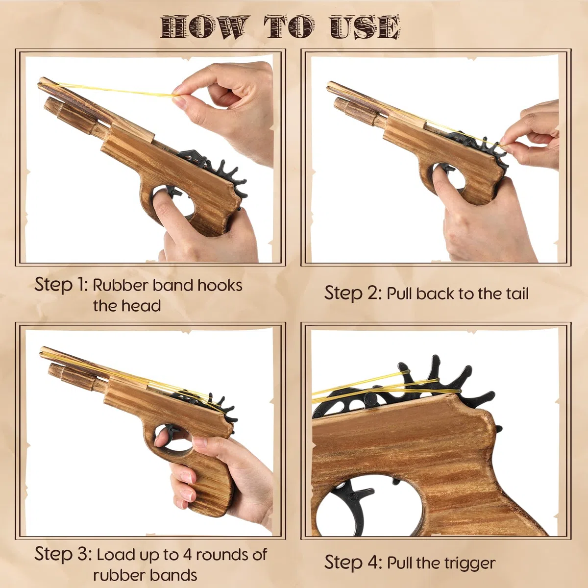 Zomiboo Pistola ad Elastico in Legno con Elastici Morbidi ed Elastici Giocattolo Pistola Ad Elastico Fatto a Mano Pistola Spara-Elastico Finta Pistola Ad Elastico Fucile Giocattolo