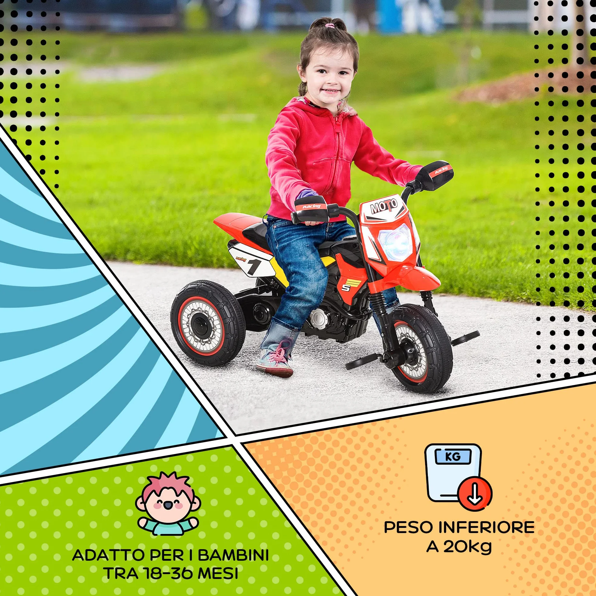 HOMCOM Triciclo per Bambini Stile Moto a Pedali con Luci e Suoni, 3 Ruote Larghe, Età 18-36 Mesi, 71x40x51cm, Rosso