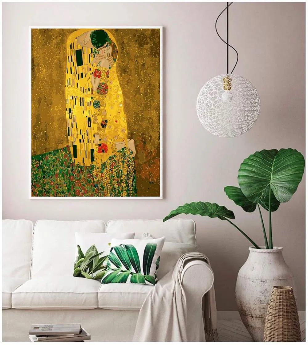 Dipingi con i numeri per adulti ispirato a Gustav Klimt - Kit di Pittura 40x50 cm con Pennelli, Colori Acrilici e Tela di Lino, Senza Cornice - Regalo Creativo (Il bacio)