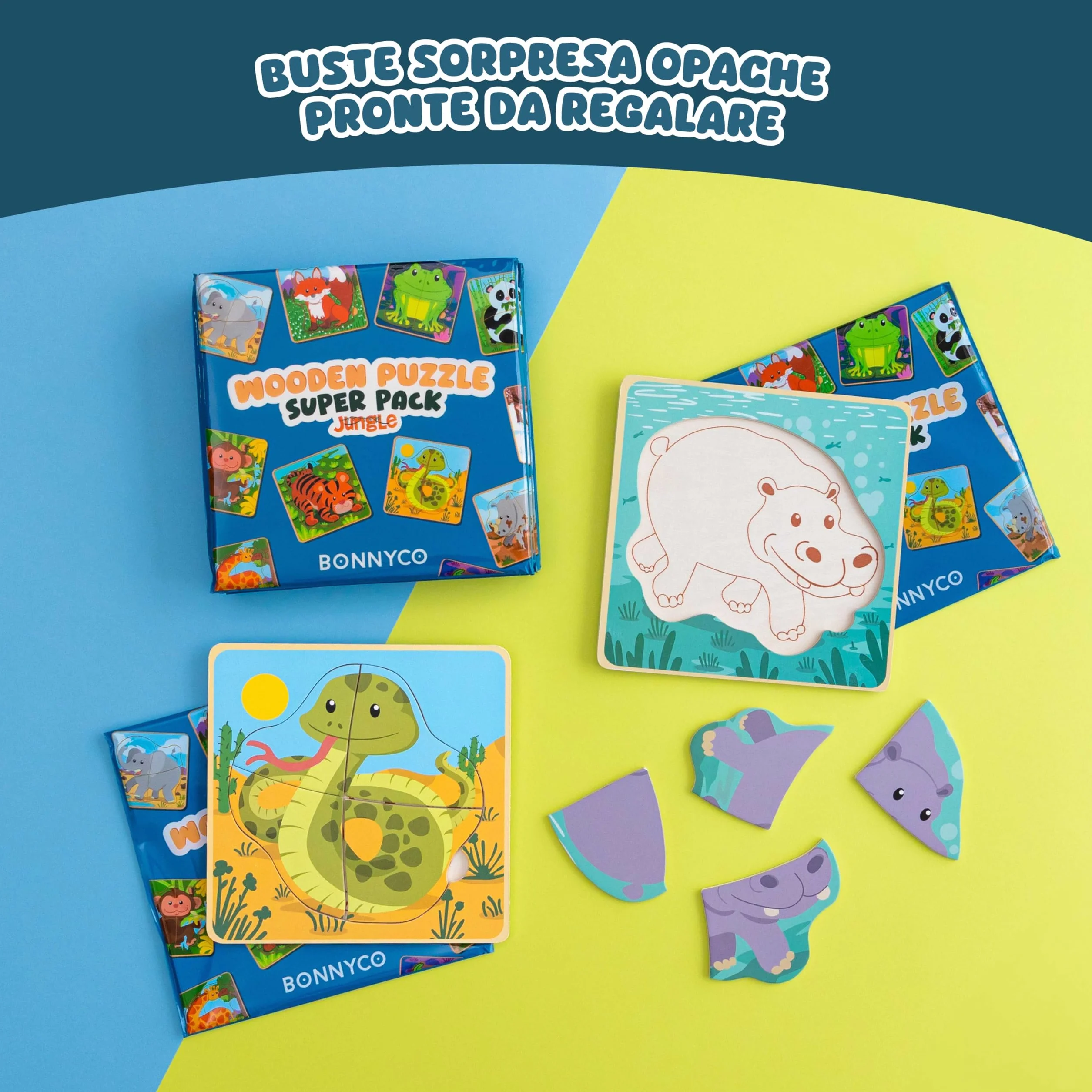 BONNYCO Puzzle in Legno 16 Pezzi per Bambini 1-5 Anni Gadget Compleanno