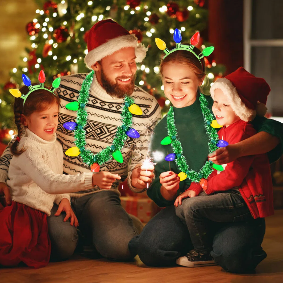 Hifot 2 Pezzi LED Cerchietto Natale Donna Bambina Costume Luminosa LED Collana Natale Lampadina con 3 Diverse modalità Flash Fascia per Capelli Feste di Natale
