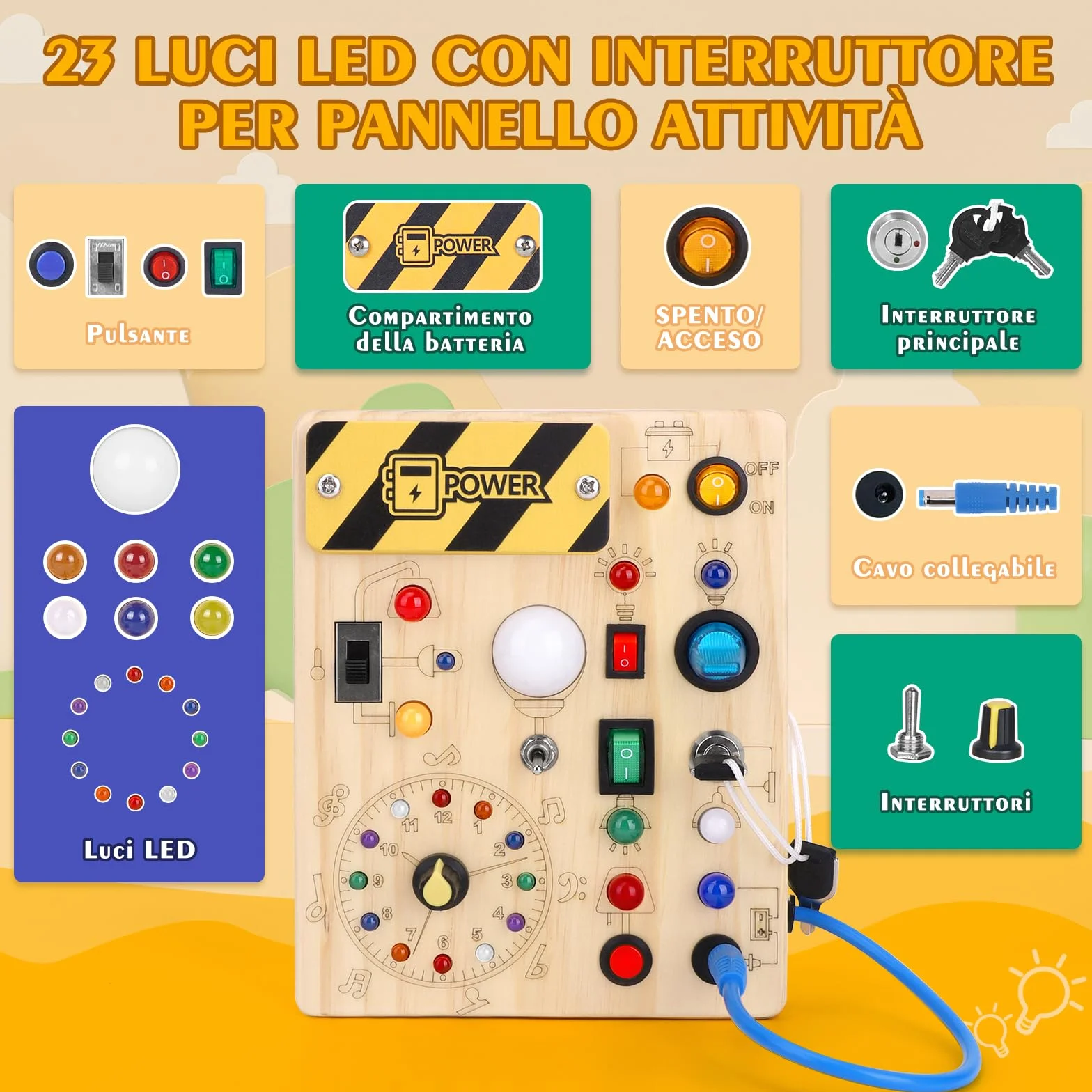 Hoarosall Busy Board Tavola delle attività Montessori in Legno per Bambini 1 2 3 Anni - Busy Board Sensoriale con 10 Interruttori e 23 Luci LED per Sviluppare la Motricità Fine