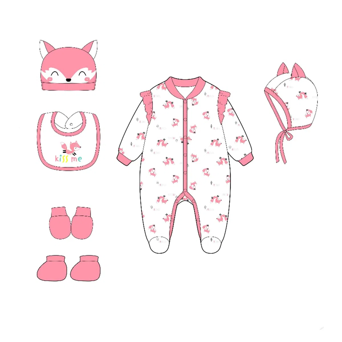 Set di vestiti per bambole, motivo: volpe, rosa, cotone, per bambole da 48 a 55 cm, 7 pezzi, per bambole dai 3 anni in su