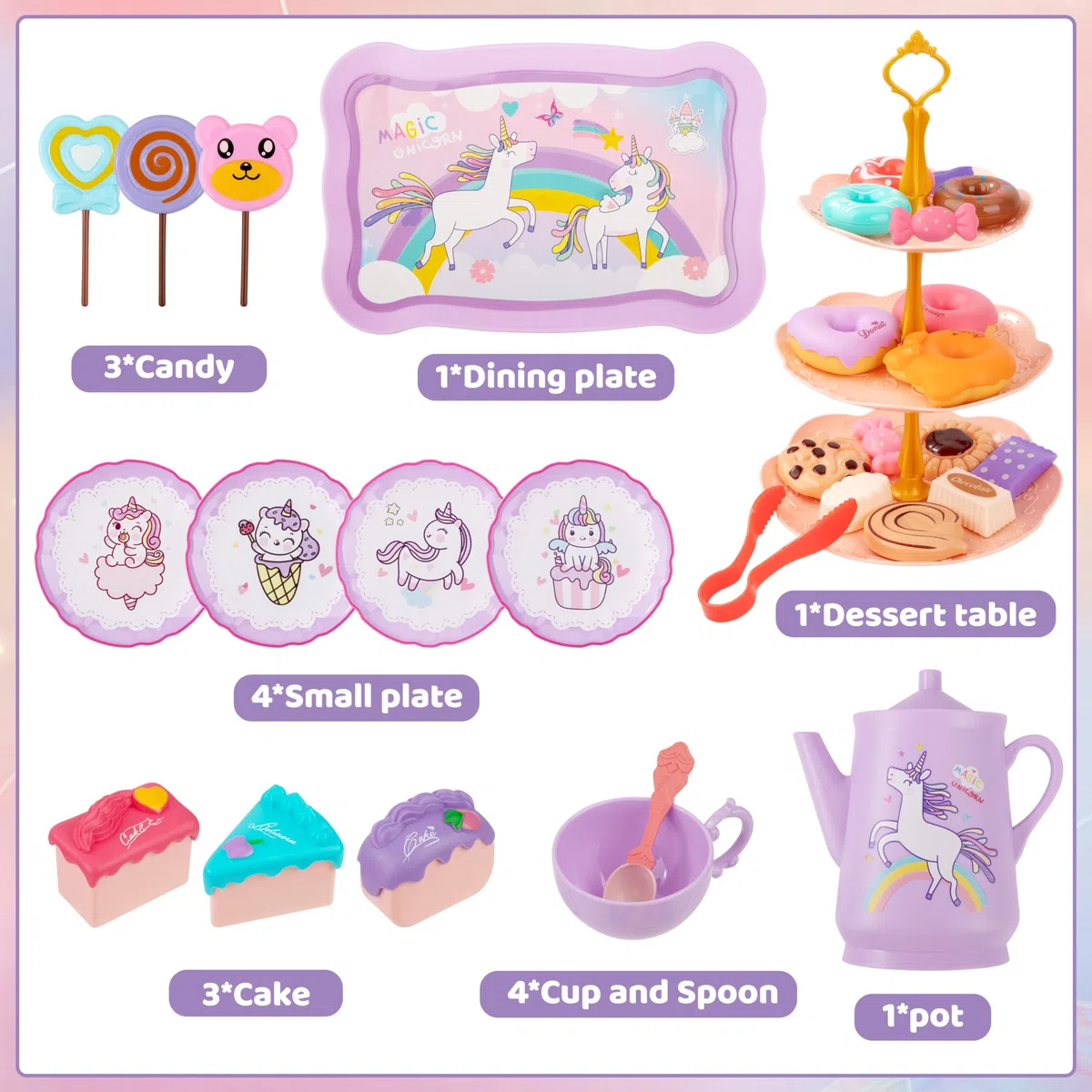 Set da Tè per Bambini, 42 Pezzi Set da Tè Giocattoli Accessori Cucina Bambini, Servizio da tè e Valigia Unicorno, Tea Party Finta di Giocare, Compleanno Regalo per Bambina 3 4 5 6 7 Anni