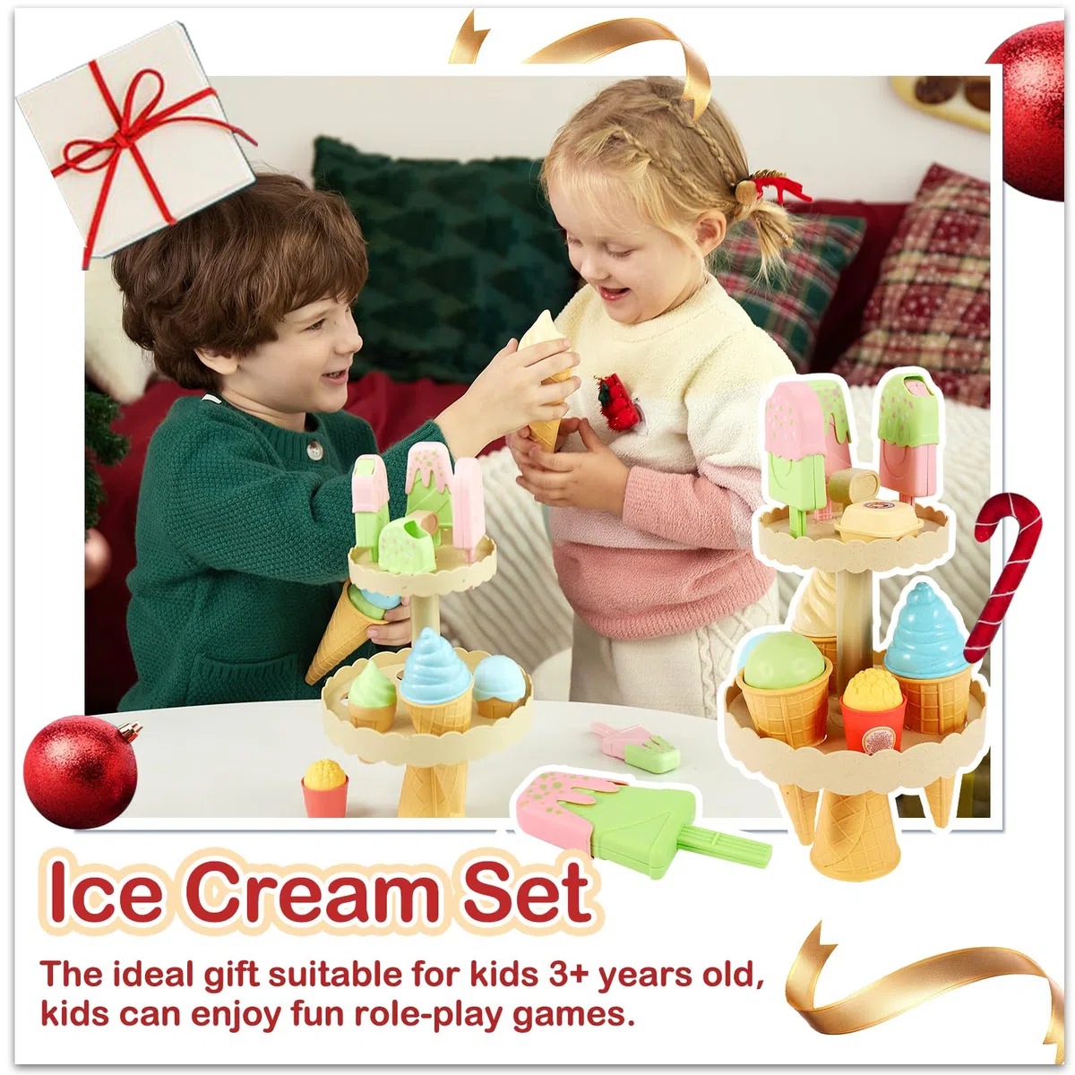 AOLEVA Gelateria Giocattolo Set Gelato Accessori Cucina Bambini Gioco di Cibo Finto Giocattoli Giochi di Ruolo Regalo per 3 Anni