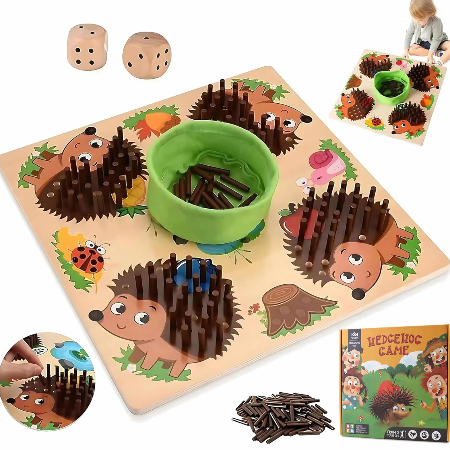 Gioco di Dadi per Riccio, Giochi di Società in Legno, Abilità Motorie Giocattoli Educativi da Tavolo, Giochi Legno Montessori per Bambini 3 4 5+anni, Adulti, Famiglia e Feste