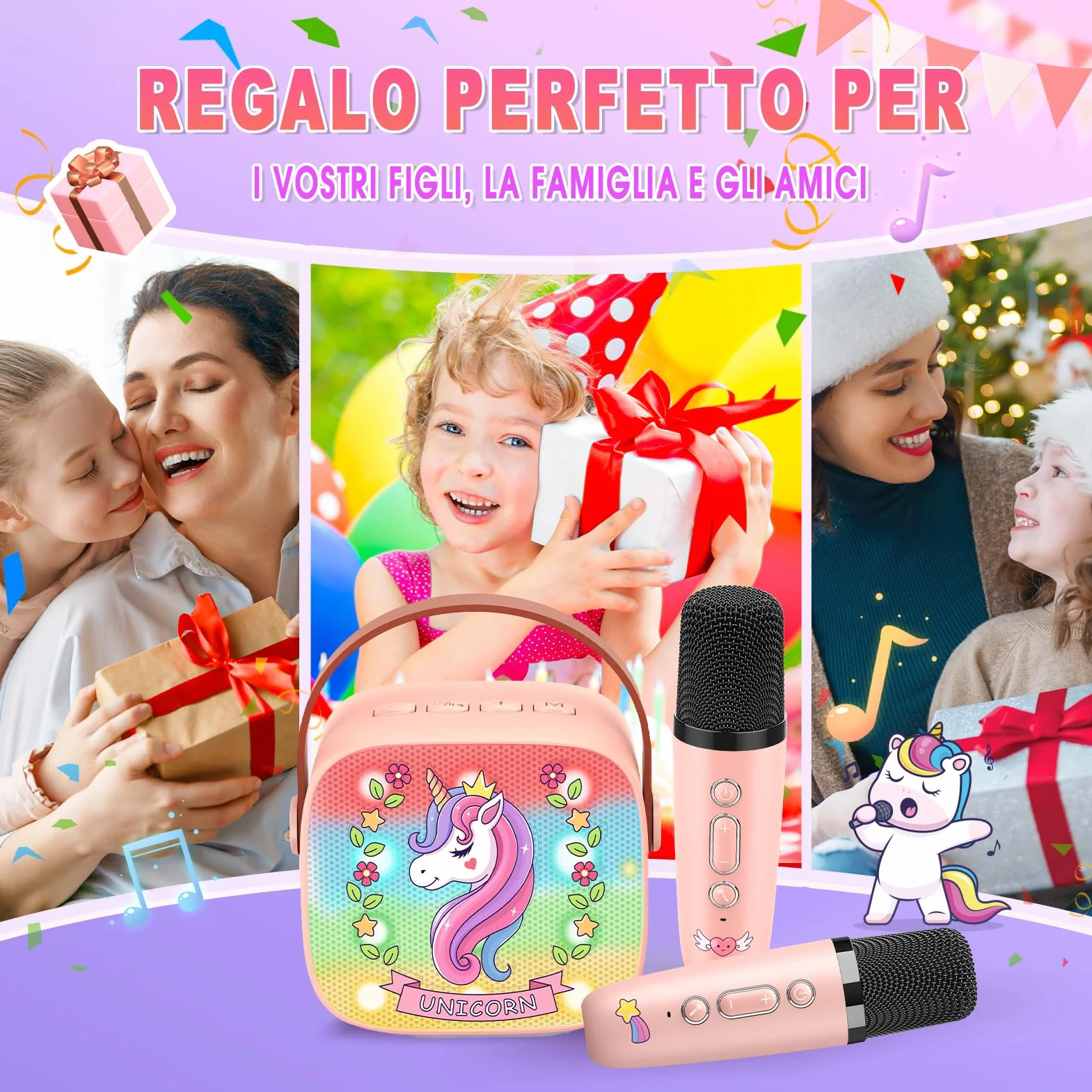 Karaoke per Bambini con 2 Microfono Wireless, Unicorno Regalo Bambina 3-12 Anni Portatile Bluetooth con DSP e Luci LED