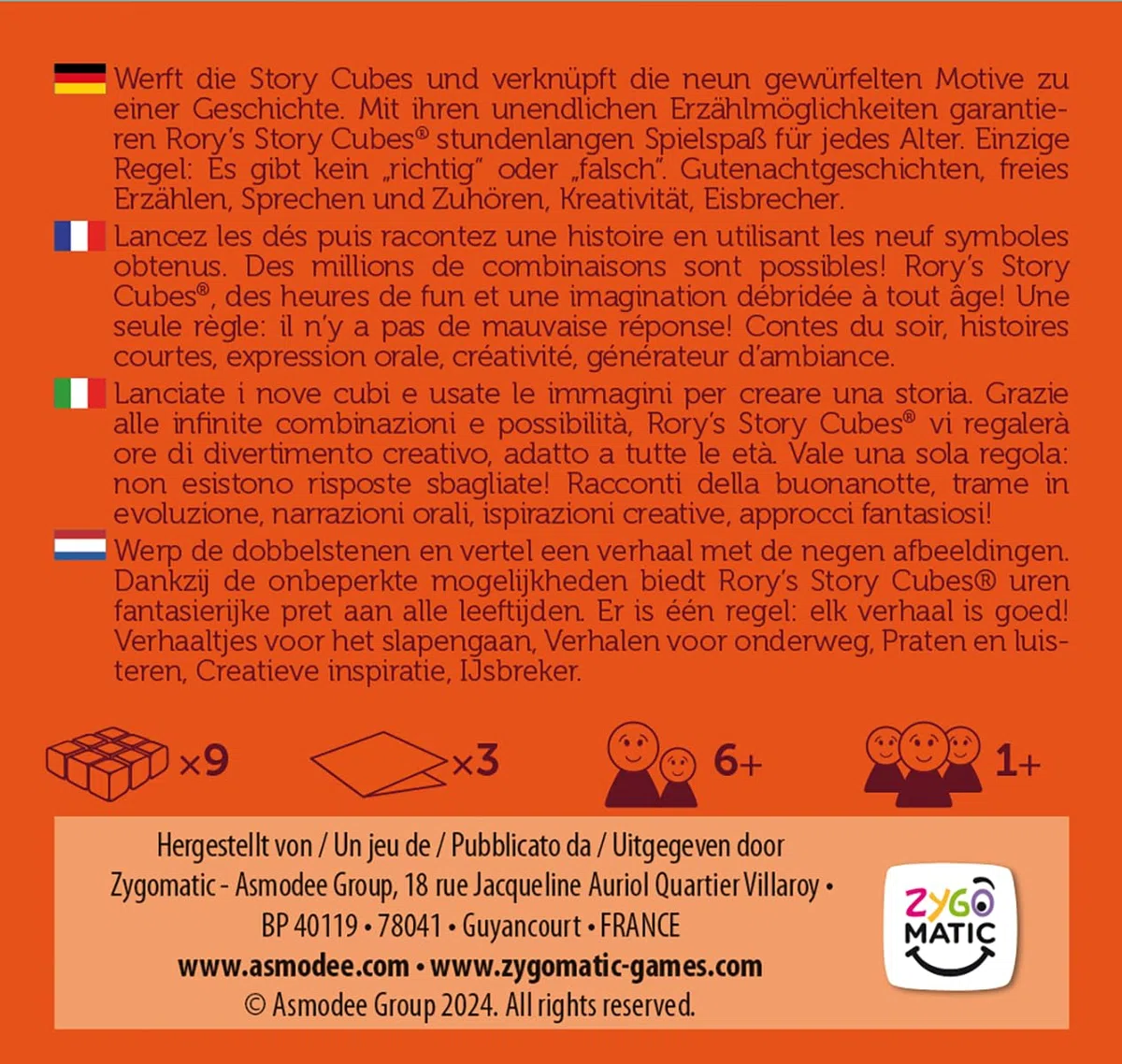 Zygomatic, Rory's Story Cubes Classic, versione DE, gioco di famiglia cooperativo per 1 o più giocatori dai 6 anni in su, gioco di dadi con 20 minuti di gioco per partita, multilingue