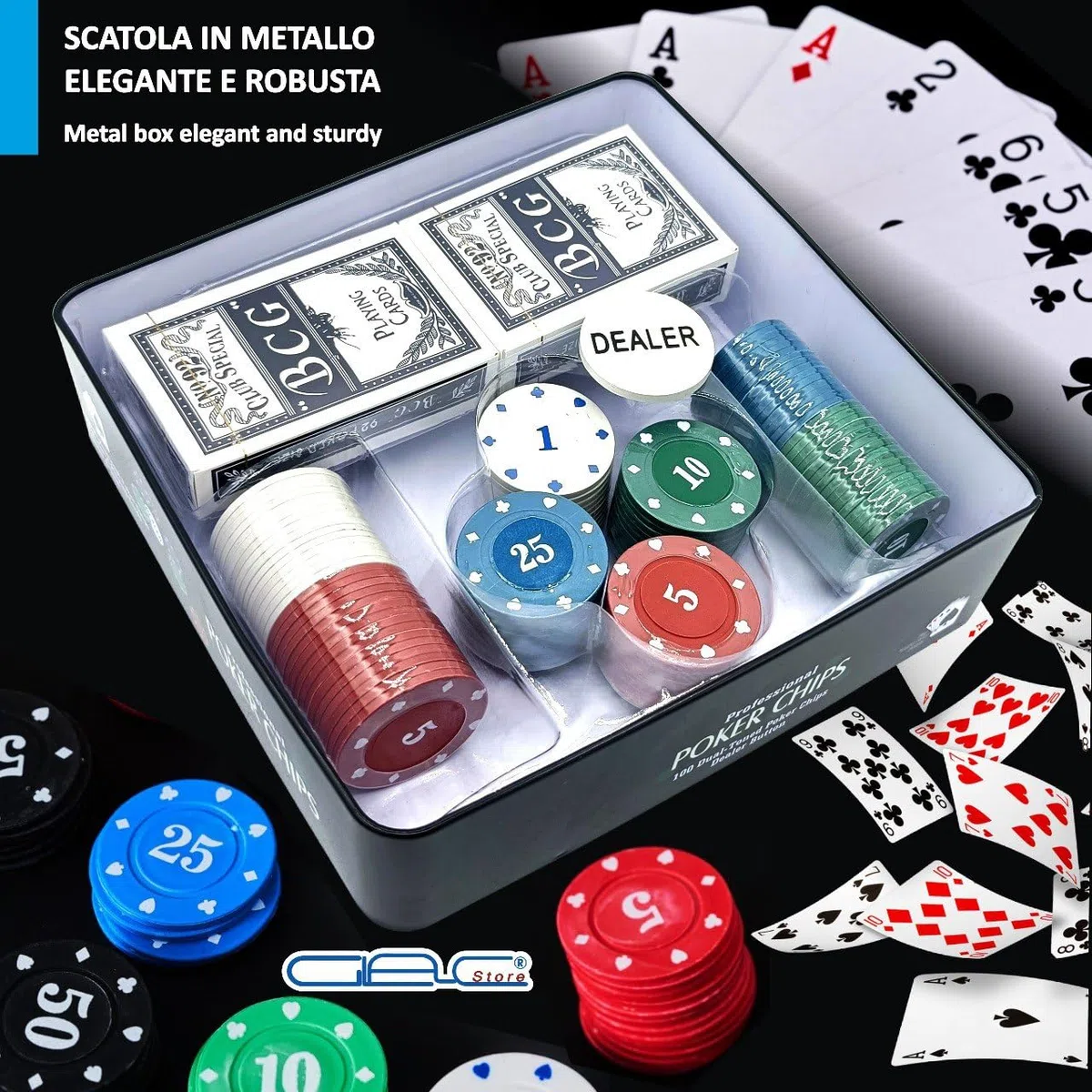 Set da Poker con Scatola in Metallo, 100 Fiches, 2 Mazzi di Carte, Fiches Dealer